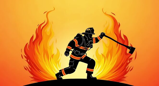 Brave firefighter swinging heavy axe in dynamic intense motion video clip
