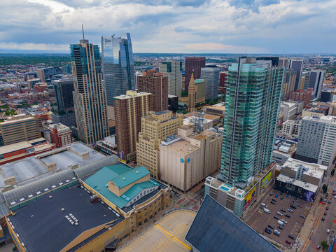 Denver modern city skyline with Daniels Fisher Tower, OPTIV building and SPIRE building in downtown Denver, Colorado CO, USA. 