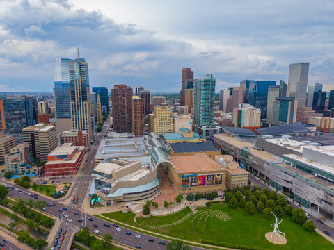 Denver modern city skyline with Denver Performing Arts Complex in downtown Denver, Colorado CO, USA. 