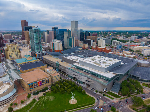Denver modern city skyline with Denver Performing Arts Complex and Colorado Convention Center in downtown Denver, Colorado CO, USA. 