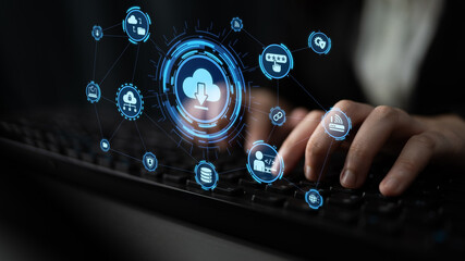 Fototapeta premium Cloud computing, cloud strategy, and cloud technology transforming digital infrastructure with scalable services, secure data storage, and cloud-based digital business solutions. Entice