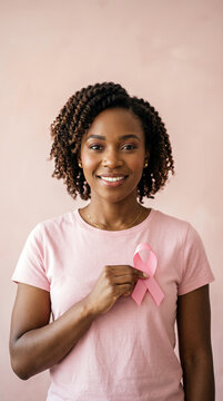 Woman wearing pink shirt and holding pink ribbon for breast cancer awareness Outubro Rosa