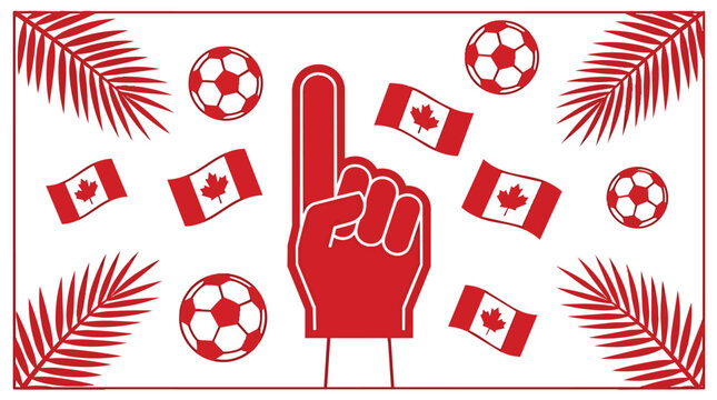 Canada soccer fan support icons featuring red foam finger and maple leaf flags in flat vector style for sports marketing