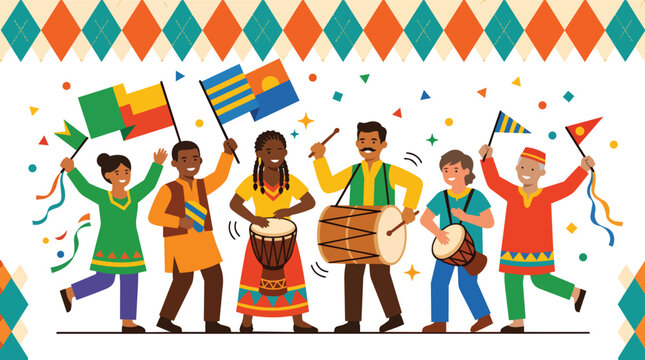 Multicultural drum festival celebration featuring diverse people with flags in a vibrant flat design vector for community event marketing