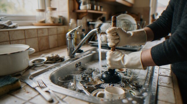 A person wearing rubber gloves uses a plunger to clear a clogged kitchen sink filled with dirty dishes.