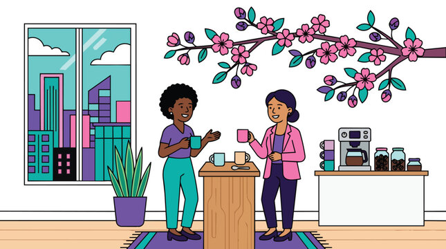 Female colleagues networking during coffee break in vibrant flat design vector for corporate internal communications