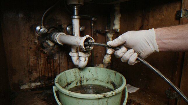 A close-up view of a plumber wearing latex gloves using a drain auger to clear a clogged kitchen sink pipe under the cabinet.