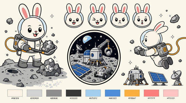 Cute cartoon astronaut bunnies exploring space with robots.