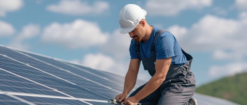 Solar panels installation by a construction worker on a rooftop for green energy