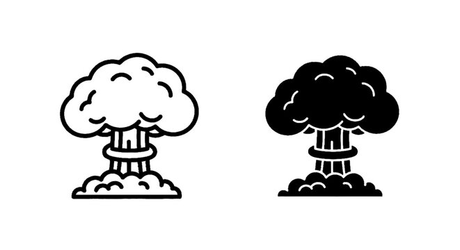 Minimal black silhouette icon, simple flat vector, bold black shape, no gradients, no shading nuclear explosion icon, mushroom cloud symbol, atomic blast vector illustration on a, flat icon style