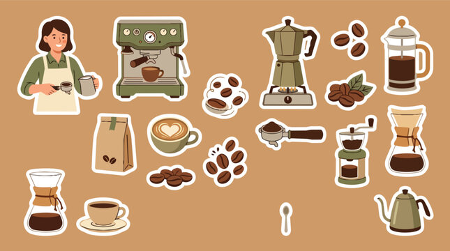 Coffee brewing tools and barista equipment set in a warm aesthetic clean composition for coffee shop marketing