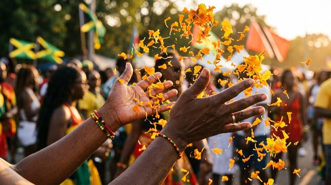 Close up of hands throwing orange marigold flower petals for Jamaica independence day festival celebration