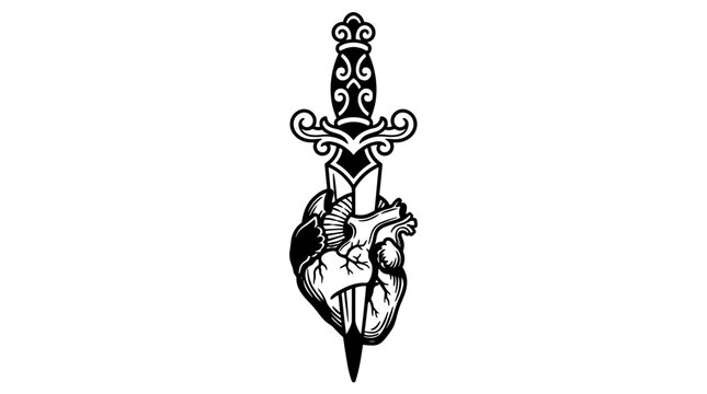 Intricate black and white vector design featuring a heart pierced by a decorative dagger ideal for tattoos