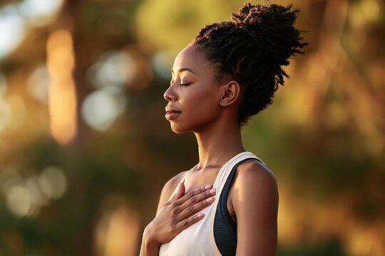 Woman practicing meditation for peace and mindfulness in nature at sunset outdoors