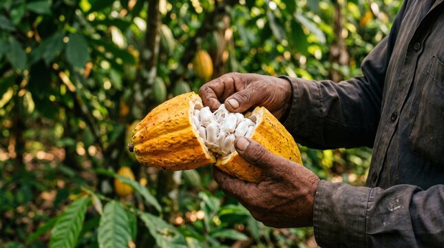 Local farmer hands opening a fresh ripe yellow cacao pod harvest for Ghana independence day agriculture feature