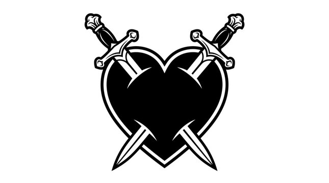 Stylized solid black heart design with two swords crossing perfect for tattoo art apparel
