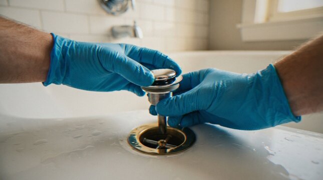 A plumber wearing blue latex gloves repairing a bathtub drain stopper in a white porcelain tub.