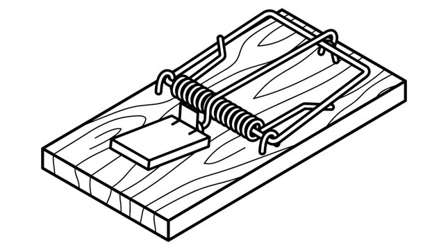Minimalist isometric design of a classic wooden mouse trap on a flat surface with clean lines