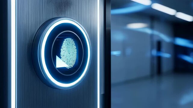 Digital fingerprint reader security system. Man unlocking door with biometric data. Futuristic access control for city communication.
