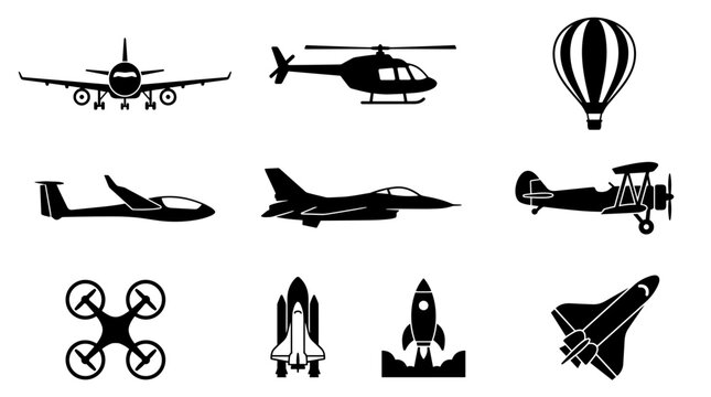 Diverse collection of 10 distinct aircraft icons including airplane helicopter drone and rocket designs for graphic use