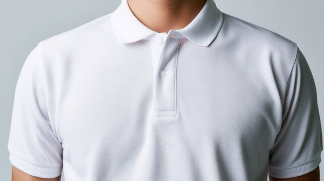 Plain White Polo Shirt: A close-up shot of a crisp white polo shirt, showcasing its fabric texture and classic design. Ideal for fashion, retail, or casual wear concepts.