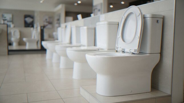 A row of various white ceramic toilets displayed in a modern bathroom showroom interior.
