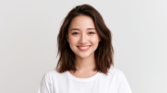Radiant Smile: A young Asian woman with a warm, genuine smile, her dark hair styled casually, looks directly at the camera, exuding confidence and approachability.