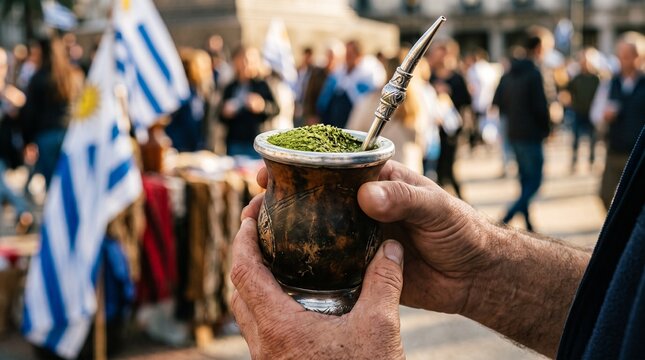 Close up of hands holding traditional yerba mate gourd for Uruguay independence day celebration background