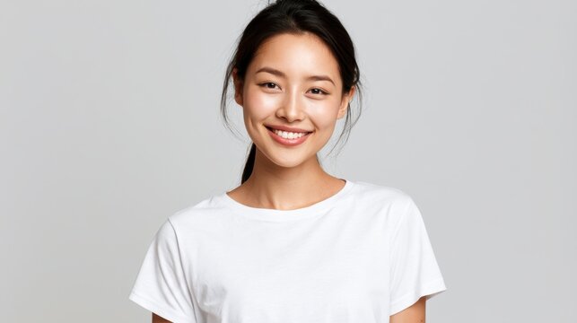 Radiant Smile: A beautiful young Asian woman with a cheerful smile, wearing a simple white t-shirt, exudes confidence and warmth. Her dark hair is pulled back neatly.