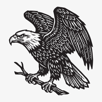 Stylized Black And White Eagle Perched On A Branch With Wings Spread Wide
