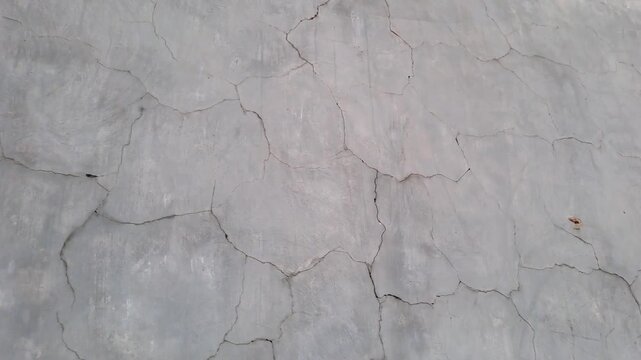 Cracked exterior house wall with mold, grass, and exposed white brick. Damaged plaster texture outdoor. Building deterioration stock video 4K for inspection, construction, repair, maintenance, estate.