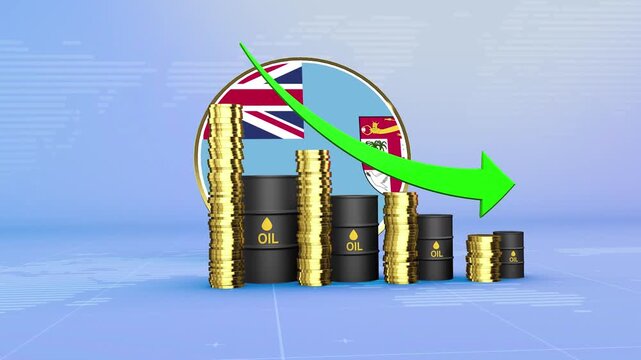 Fiji Oil Prices Decline with Oil Barrels, Gold Coins and Downward Green Arrow, 3D Economic and Financial Market Concept