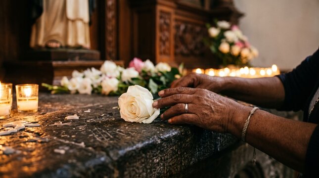 Close up of hands placing white rose on altar with burning candles for Mexico day of the dead memorial tribute