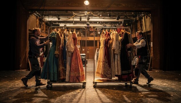 Focused medium shot showing stagehands moving costume racks near the proscenium theater entrance with the dock area softly blurred in the background