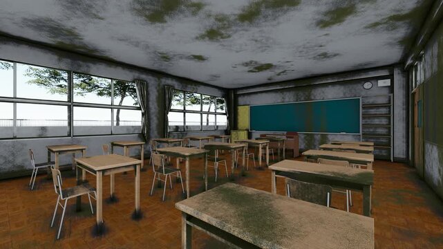 廃校校舎と校庭のホラー背景 3DCGアニメーション