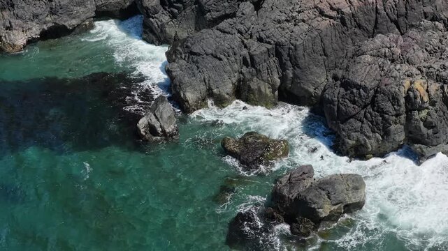 Aerial View of Waves Crashing on the Rugged Shoreline at Otter Point, Vancouver Island
