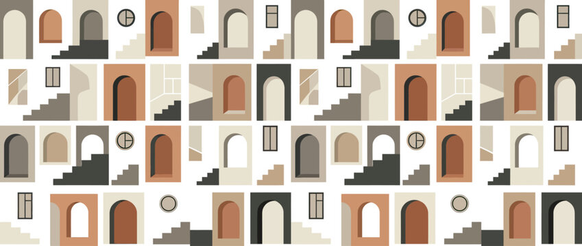 Abstract Geometric Seamless Pattern with Mediterranean Arches and Stairs