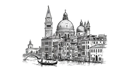 Venice Canal Sketch with Gondolas and Basilica di Santa Maria della Salute © febri