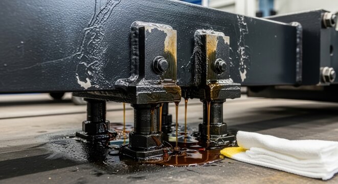 machine leaking oil with spills on floor near cleaning cloth in industrial setting