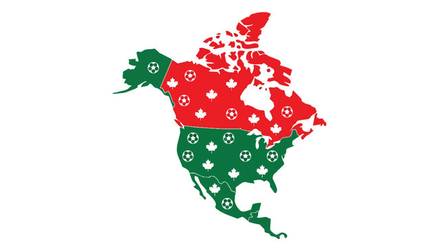 North america map silhouette with soccer ball and maple leaf icons in flat vector for sports media promotion