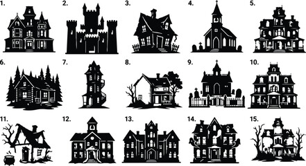 Obraz premium Haunted houses and spooky buildings collection black and white vector graphics