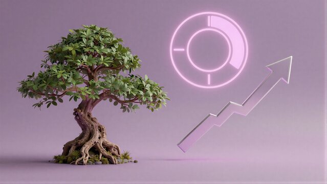 Bonsai tree beside glowing upward arrow and circular graph, symbolizing growth and stability.