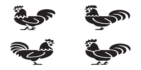 Fototapeta premium Minimalist black silhouette set of roosters in simple poses isolated on white for agricultural graphic design.