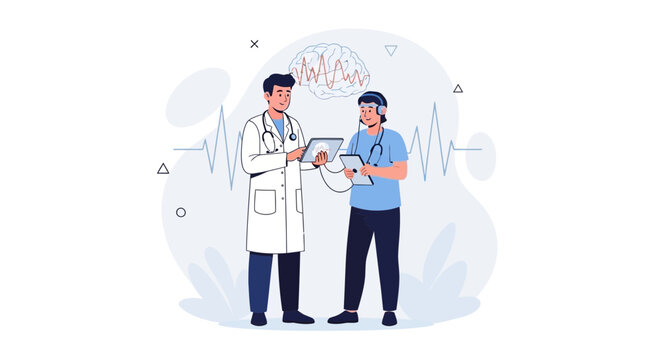 Doctor and Patient Undergoing EEG Test, Brainwave Monitoring and Medical Technology