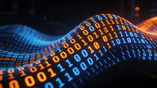 Binary code wave in digital space