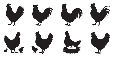 Obraz premium Chicken and chicks silhouette, hen with eggs, farm family group, proud rooster, rural life.
