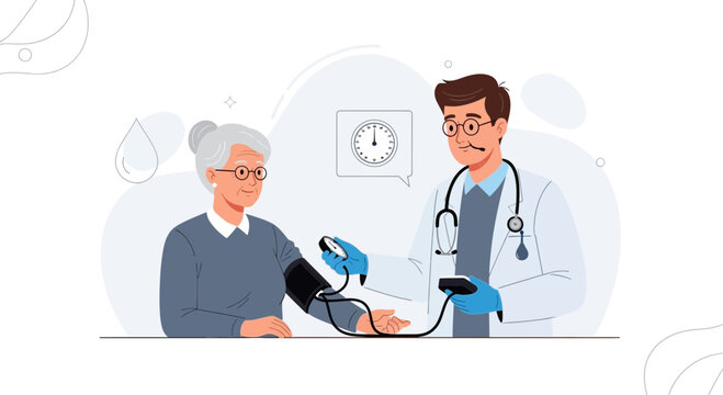 Doctor checks elderly woman's blood pressure, medical consultation, senior care, health check-up vector illustration