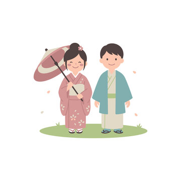Illustration of a traditional Japanese couple wearing kimono with an umbrella.