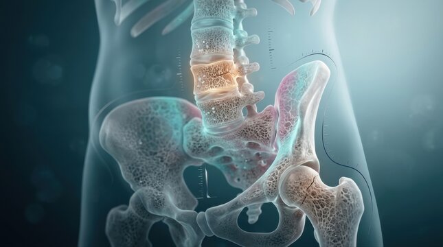 A medical illustration shows a translucent hip and lumbar spine with honeycomb trabecular bone, subtle fracture lines, and a dual-energy X-ray style overlay. Calcium crystals, a measuring scale, and a
