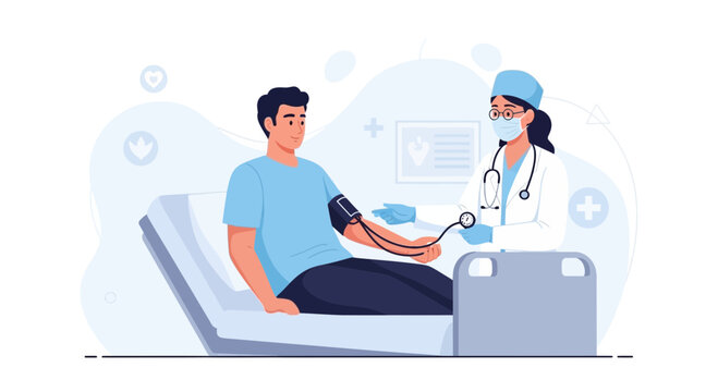 Doctor checks patient's blood pressure in a modern clinic, symbolizing healthcare and medical check-ups.